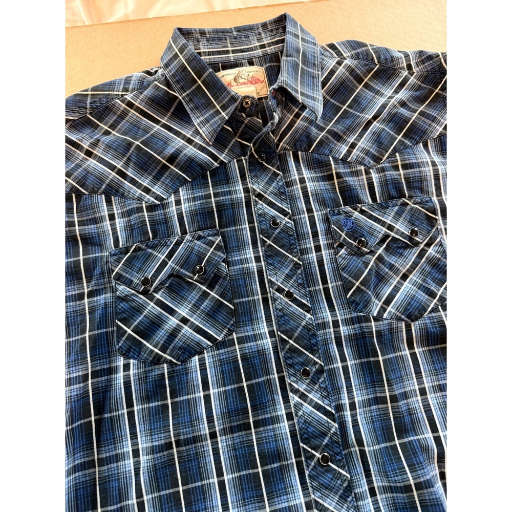 Vintage Wrangler Mens Large Blue Plaid Pearl Snap Western Shirt Cowboy Americana